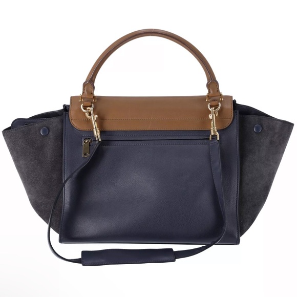 Celine Trapeze Medium Convertible Satchel Crossbody Suede Leather Blue Tan - Picture 5 of 12